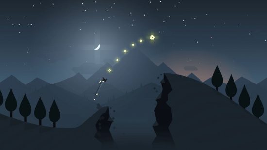 Offline Game Alto's Adventure screenshot showing a starry nightsky from a 2D sidescrolling view of amountain as a boy snowboards down it.