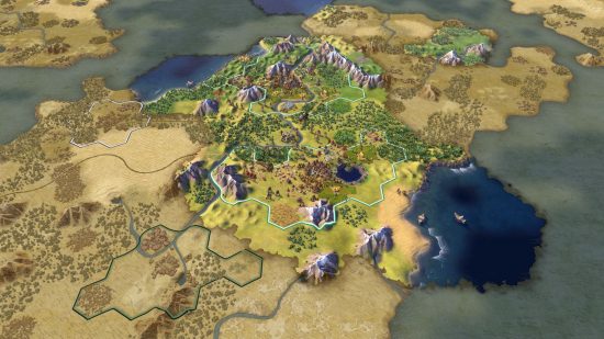 Offline game Civilization VI screenshot showing a map with mountains, grass, desert plains, and greyed out areas like a digital playset.