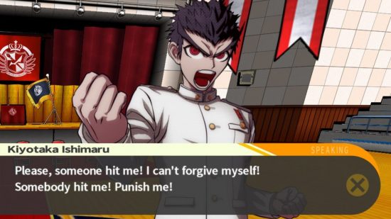 Offline game Danganronpa screenshot showing a character in anime style shouting with a fist raised "Punish me!" He has spikey black hair and an almost military-style white uniform on.