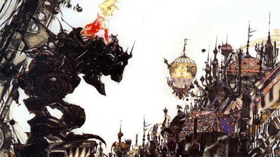 Offline game Final Fantasy VI art showing a woman with blonde hair atop a strange creature look at an almost steampunk-style city.