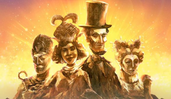 Offline game Civ VI art showing four famous characters as if carved in golden stone with gold light glowing behind them.