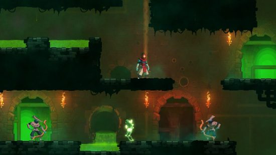 Offline game Dead Cells screenshot showing a sidescrolling pixel art dungeon-type thing with glowing green light and a red haze in the background behind various platforms.