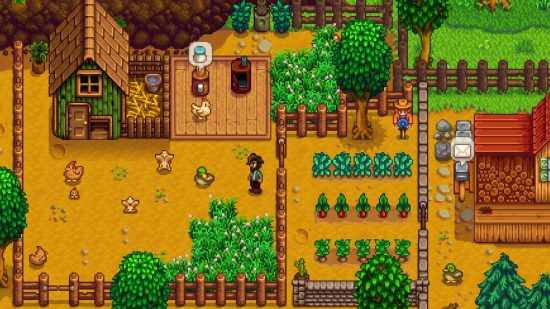 Offline game Stardew Valley screenshot showing a pixel art farm with trees fences chickens and all the other farm gubbins surrounding a small wooden house.