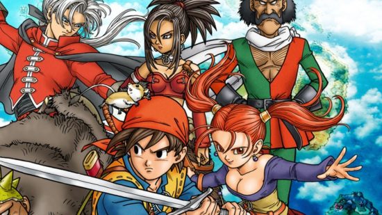 Offline game Dragon Quest art showing mutliple anime characters in strange old-timey outfits of various colours all looking heroic.