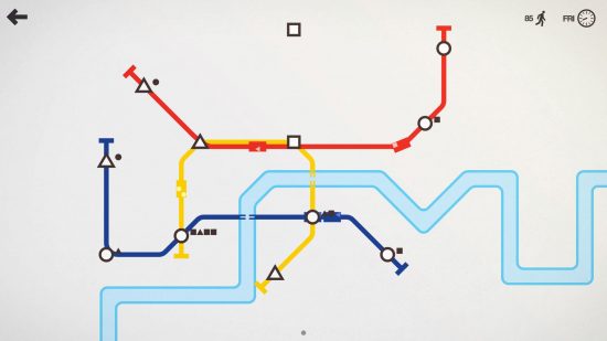 Offline game Mini Metro screenshot showing a minimalist tube map with different subway lines in diferent colours and a river running through it.