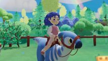 Paleo Pines review: A blue-haired character wearing a pink and white shirt combo and pink gingham trousers riding a blue Parasaurolophus in a green field