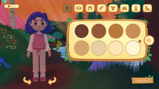 Paleo Pines review: A blue-haired character wearing a pink and white outfit in a character-creation screen showing a range of skin tones