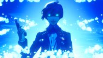 Persona 3 Reload Switch - blue abstract art showing a man's silhouette holding a gun in a cloudy space. Everything's blue.
