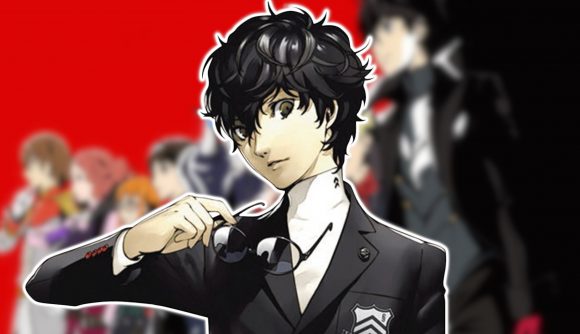 Persona 5 anime: Ren Akiyama looking at the camera, outlined in white and pasted on a blurred background of key art from Persona 5: The Animation