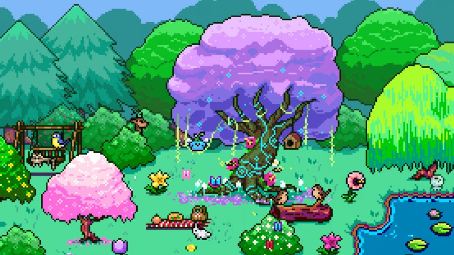 Pixsteps hero image: A beautiful pixel art garden with a giant purple tree in the center