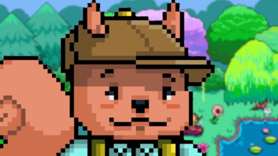 Pixsteps release date: The Pixsteps squirrel mascot on a slightly blurred pixel art background