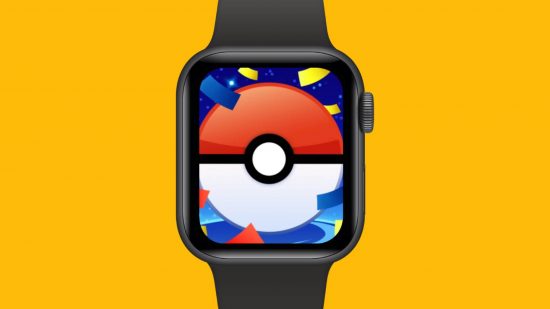 Pokemon Go Apple Watch: An apple watch is visble with the Pokemon Go logo visible on the screen, it is placed against a yellow background