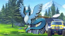 Pokemon Go's Articuno in front of a grassy area and yellow truck