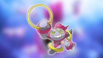 Pokemon Go Hoopa: Hoopa - the Djinn Pokémon, appears against a blurred blue background, holding a ring aloft