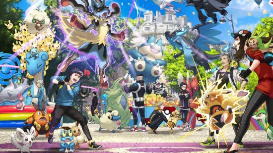 Pokemon Go level requirements: key art for Pokemon Go shows two trainers locked in battle, while several other Pokemon surround and cheer them on