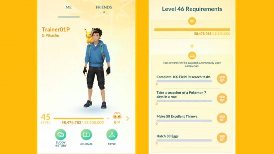 Requisitos de nível Pokemon Go: Capturas de tela do Pokemon Go mostram um treinador no nível 46, bem como as tarefas necessárias para atingir o nível 47