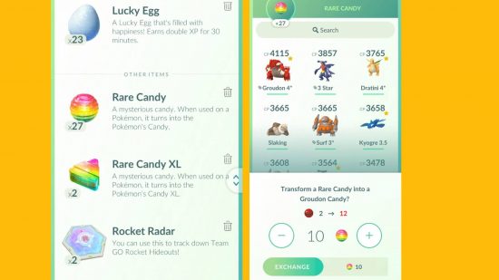 Pokemon Go rare candy: two screenshots show how to select rare candy in the Pokemon Go menu