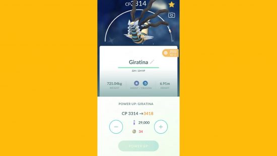 Pokemon Go rare candy: a screenshot from Pokemon Go shows a trainer attempting to level up Giratin, but they dont have enough candy to do so
