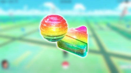 Pokemon Go rare candy: Pokemon Go rare candy is shown against a blurred background image of a screenshot of Pokemon Go