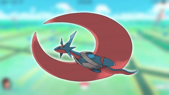 Pokémon Go Salamence is shown against a blurred backgroun