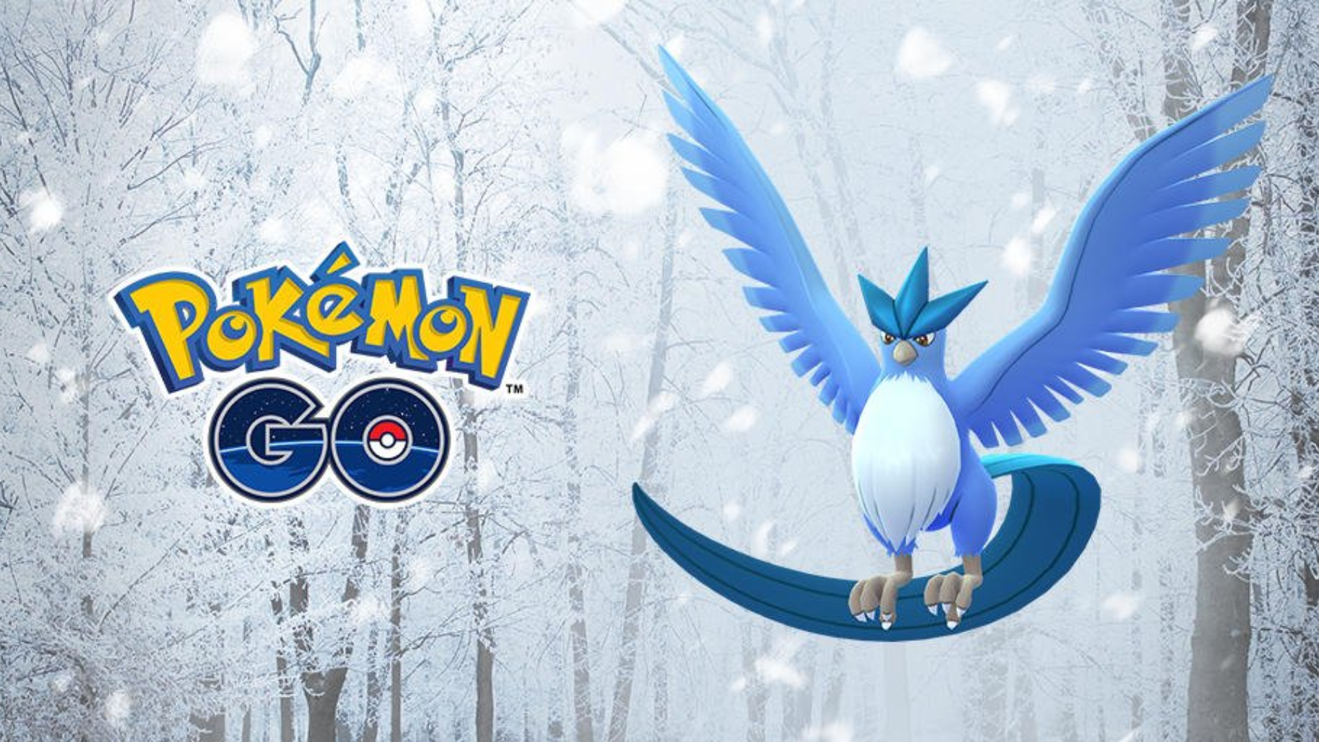 Pokemon Go's Articuno flying through a snowy forest next to the game's logo