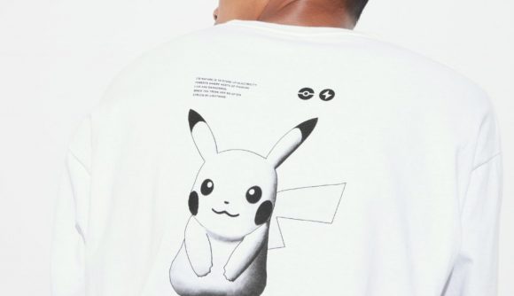 Screenshot of Pikachu on the back of a Pokemon Masters Uniqlo shirt
