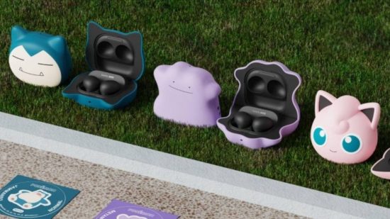 Screenshot of the Pokemon Samsung Galaxy Buds cases with Snorlax, Ditto, and Jigglypuff on screen