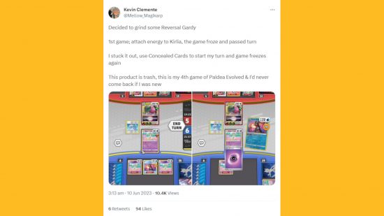 Pokemon TCG Live broken: A screenshot of Kevin Clemente's tweet discussing PTCGL bugs in his Gardevoir ex deck, pasted on a mango background
