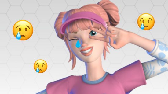 Pokemon TCG Live broken: Daz's PTCGL avatar, a white femme character with pink hair wearing a pink tshirt and pink sun visor, doing a peace sign and smiling. A teardrop emoji has been pasted to look like they are crying, and there are three sad face emojis around the image