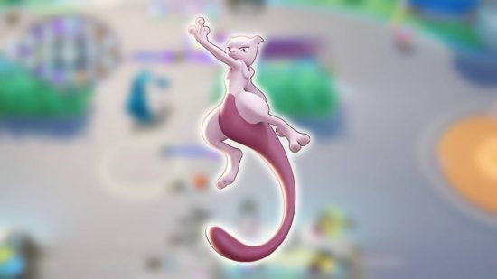 Pokemon Unite tier list: the psychic Pokemon mewtwo appears against a blurred screenshot from Pokemon Unite