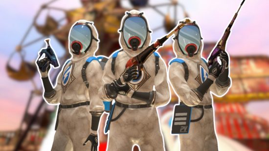 PowerWash Simulator research: Three powerwashers in exclusive white suits outlined in white and pasted on a blurredd game screenshot