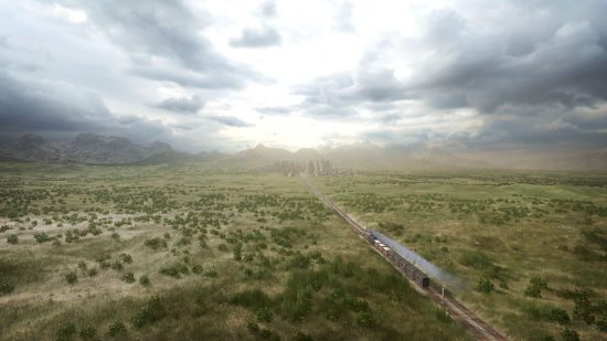 Railway Empire 2 Switch review - a wide shot of a massive grassy plain with a steam train flying through it below a massive sky.
