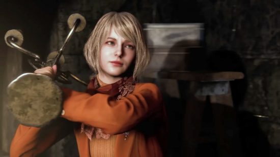 Resident Evil 4's Ashley ready to swing a candlestick