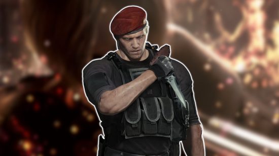 Resident Evil Krauser: Krauser from Resident Evil 4 remake outlined in white and pasted on a blurred RE4 remake screenshot
