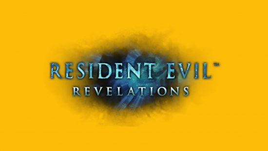 The Resident Evil logo for Revelations, showing the name of the game backed by a blue cloud, all superimposed onto a mango yellow background.