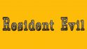 The Resident Evil logo on a mango yellow background, in a dark brown and industrial typeface.