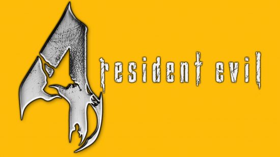 The Resident Evil logo for 4, showing the series name in angular lower case after a massive ornate 4, all on a mango yellow background.