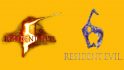 The Resident Evil logo, twice, showing the fifth and sixth games.Both have a crude depction of the letter, plus the name of the series. All on a mango yellow background.