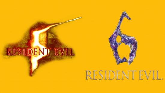 The Resident Evil logo, twice, showing the fifth and sixth games.Both have a crude depction of the letter, plus the name of the series. All on a mango yellow background.