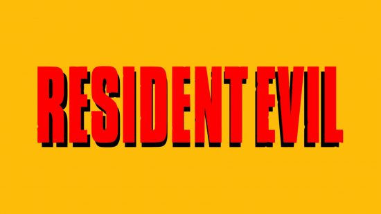 The Resident Evil logo on a mango yellow background. it's in a tall, all-caps typeface with a thick black drop shadow behind the red letters. It's all on a mango yellow background.