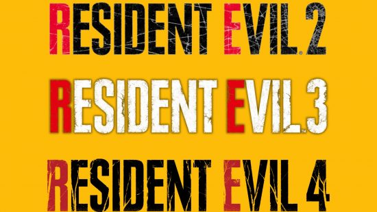 The Resident Evil logo, three times, with a 2, 3, and 4 next to eat on each respectively.It's all on a mango yellow background.