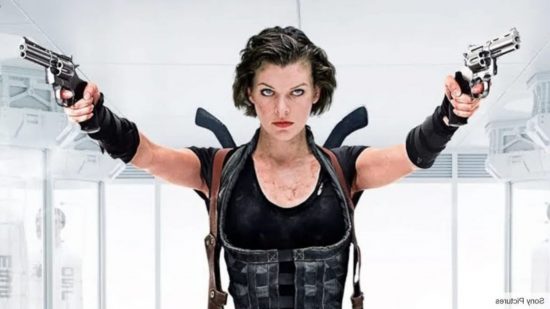 Resident Evil movie screenshot showing Milla Jokovich holding two revolvers out at head height to either side. She's wearing a black vest with black bracers on her forearms. On her back is two guns holstered. She is in a white room and has a black bob.