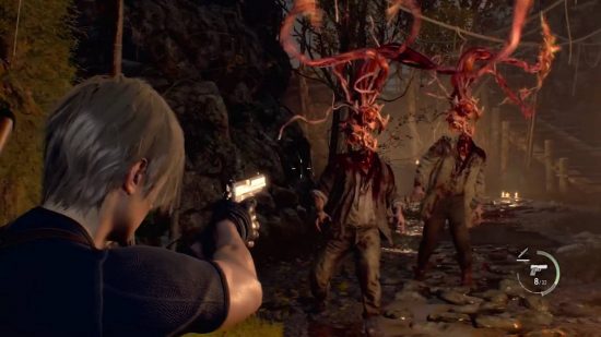 Resident Evil virus: a screenshot from Resident Evil 4 Remake shows Leon attacking Las Plagas