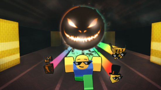 Screenshot of the key art for Backrooms Race Clicker with a Robloxian running from an evil face
