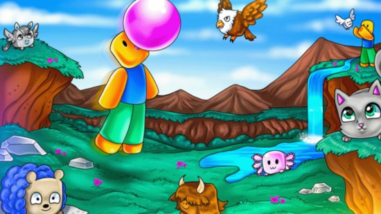 Key art for Bubble Gum Clicker with someone floating off for Roblox clicker guide