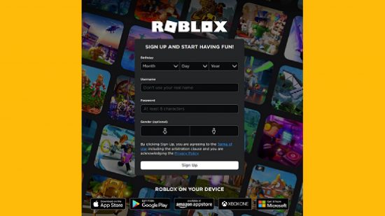 Nombres de Roblox: una captura de pantalla muestra el menú para crear una cuenta de Roblox