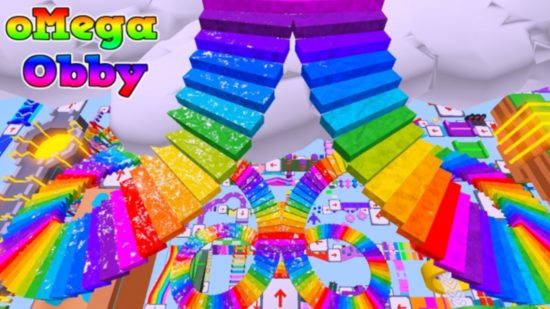 Omega Obby key art with rainbow obstacle course for Roblox parkour games