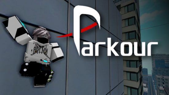 Screenshot of Parkour title menu with a jumping character for Roblox parkour games
