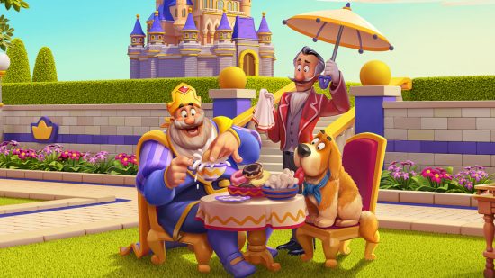 Kluczowa grafika dla Royal Match z królem na pikniku ze swoim psem