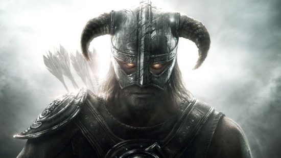 Skyrim races header showing a man with glowing eyes standing in a smokey space. He has a horned helmet on over his face, arrows in a quiver on his back, and old-fashioned armour on his shoulders.